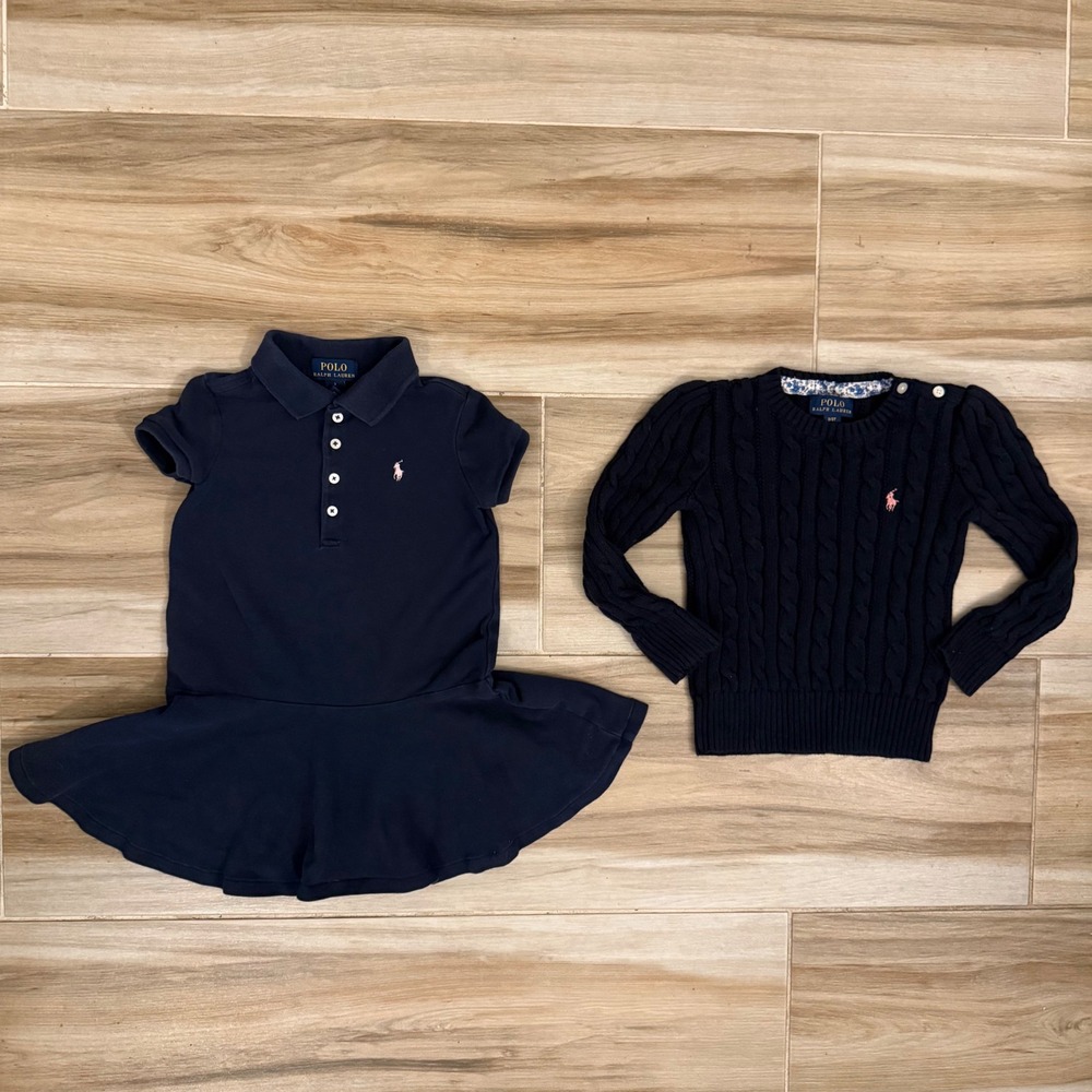 Polo Ralph Lauren Girls Navy Polo Dress and Cable Knit Sweater Set Size 3 3T